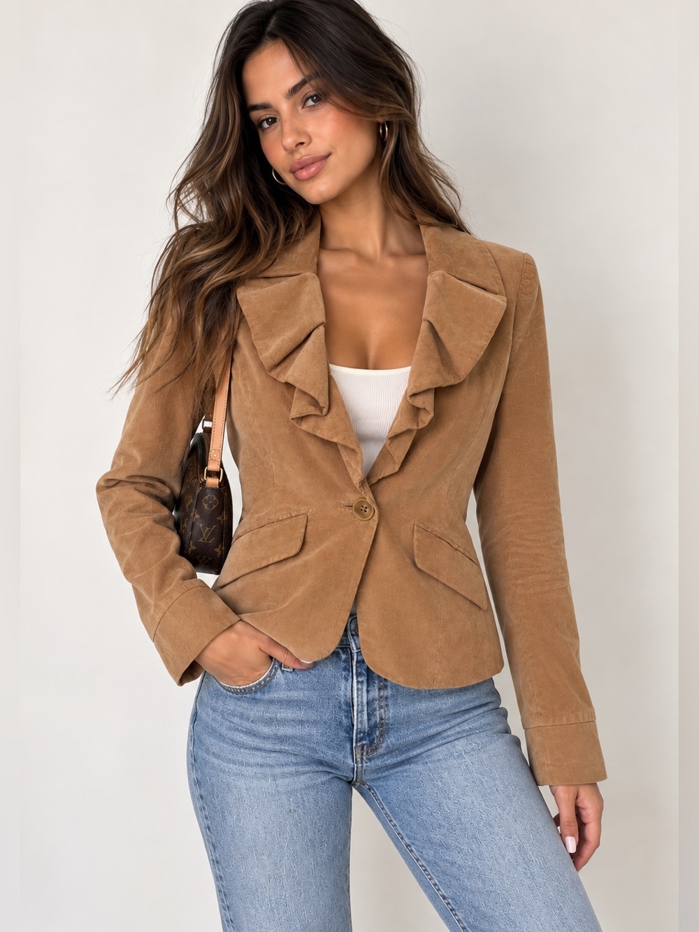 BCBGMaxAzria Tan Ruffle-Front Blazer Jacket Size S Vintage Y2K